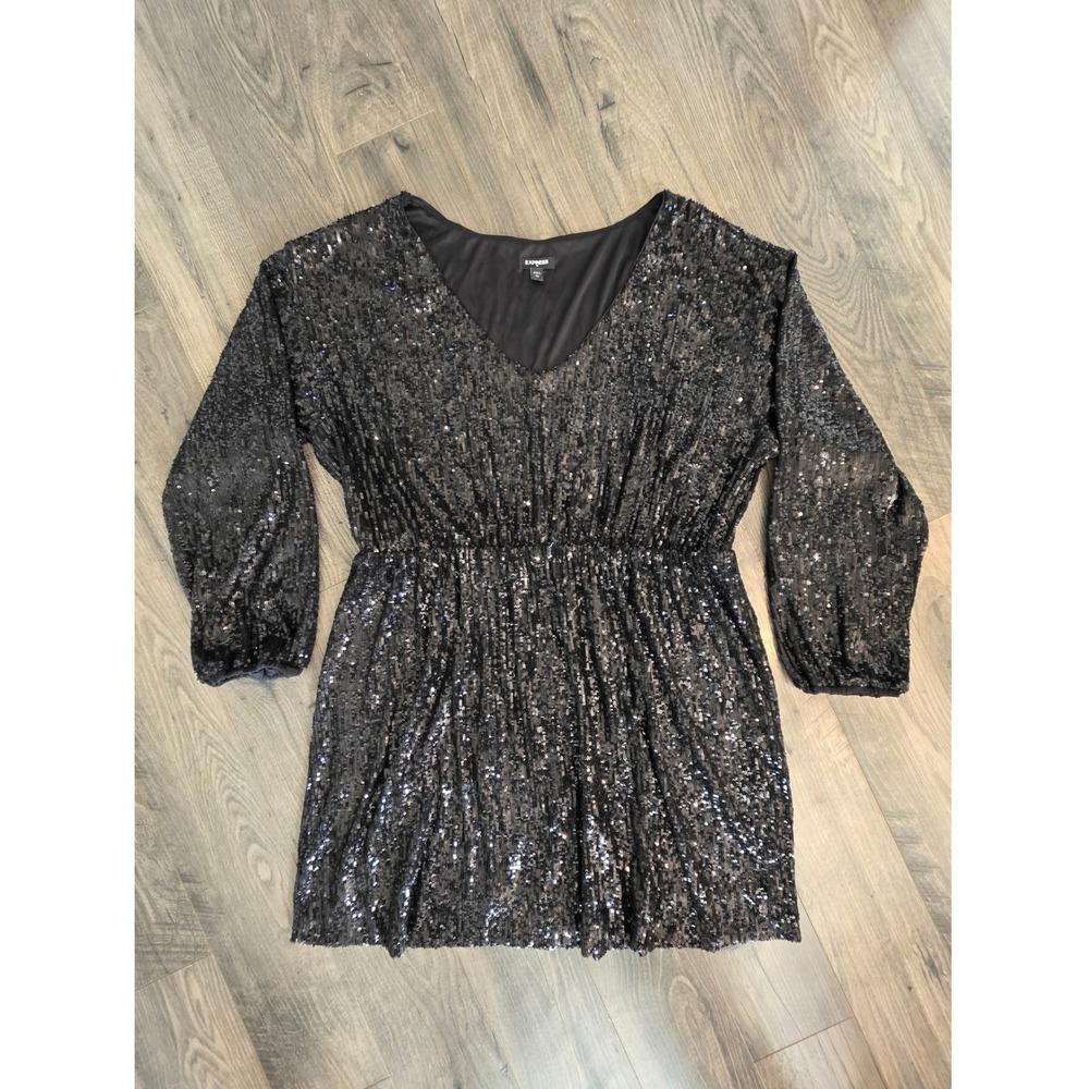 Women's XL Express Black Sequin V Neck Long Sleeve Ruched Waist Mini Dress Party